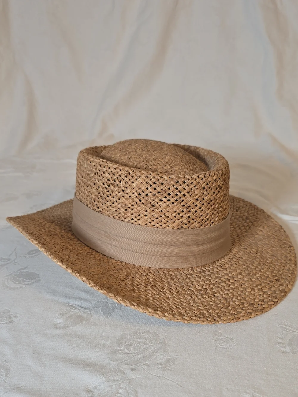 Peter Grimm Natural Brown Straw Fedora Panama‎ Hat with Tan Band One Size